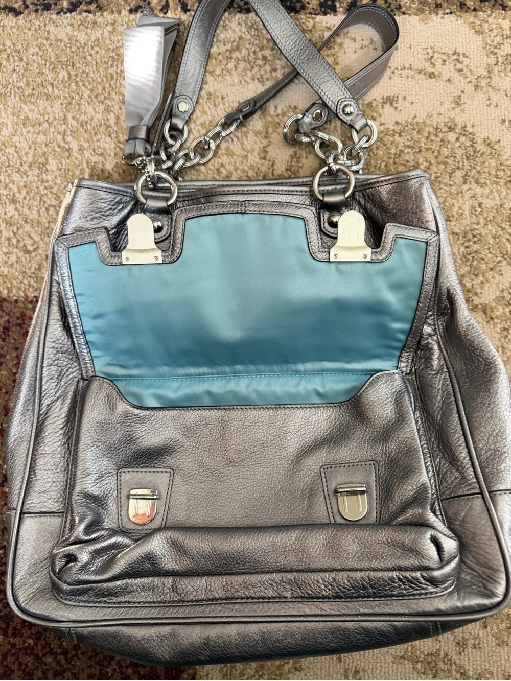 Coach Metallic Silver Leather Tote with Front Flap Pocket - Picture 3 of 7
